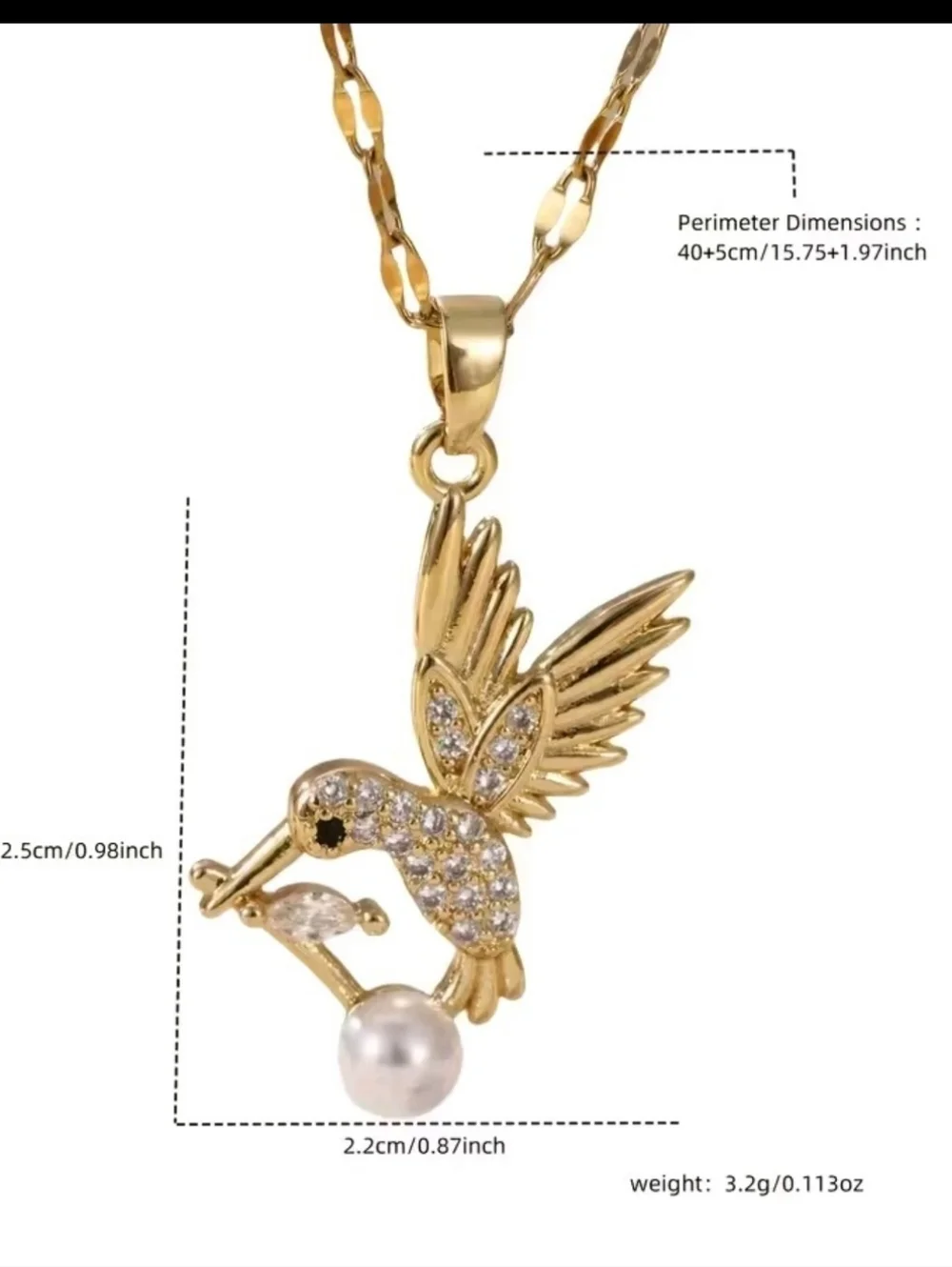 Gold Hummingbird Pearl Necklace Dainty Crystal Bird Pendant Sparkly Jewelry